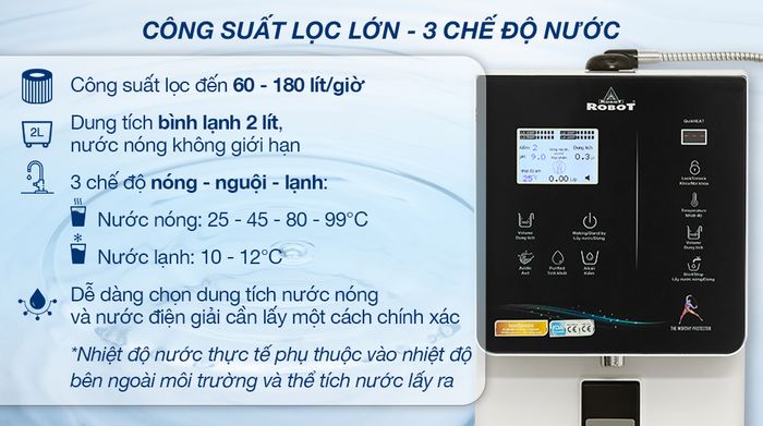 Máy lọc nước điện giải ion kiềm nóng nguội lạnh Robot IonQueen 1113X - Công suất