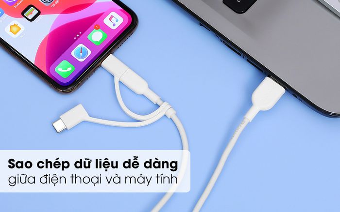Sao chép dữ liệu dễ dàng giữa điện thoại và laptop - Tốc độ sạc nhanh với mức sạc tối đa của cổng Lightning và Micro Là 2.4A và Type-C là 3A - Cáp 3 đầu Lightning Type C Micro 0.9m Anker A8436 Trắng