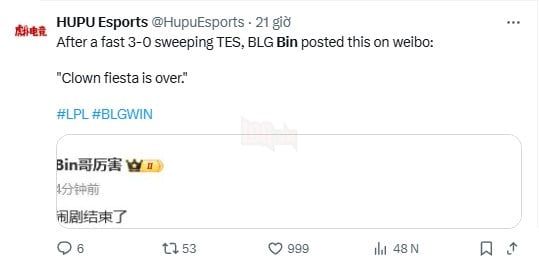 Bài đăng của Bin sau chiến thắng 3-0 hoàn hảo của BLG trước TES