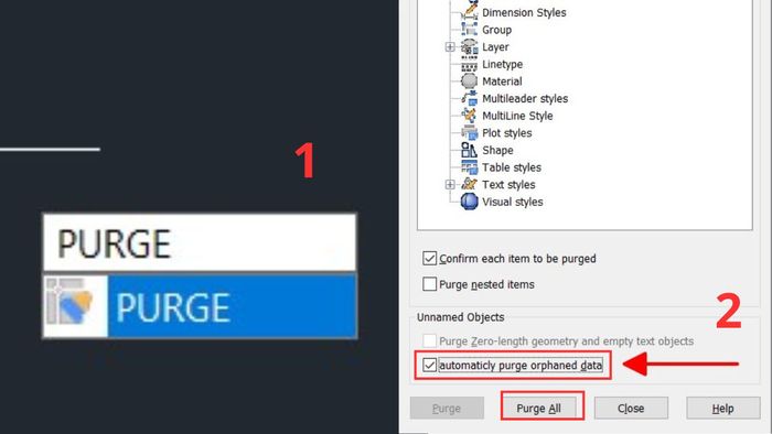 Purge giúp loại bỏ các đối tượng không cần thiết để giảm dung lượng file CAD.