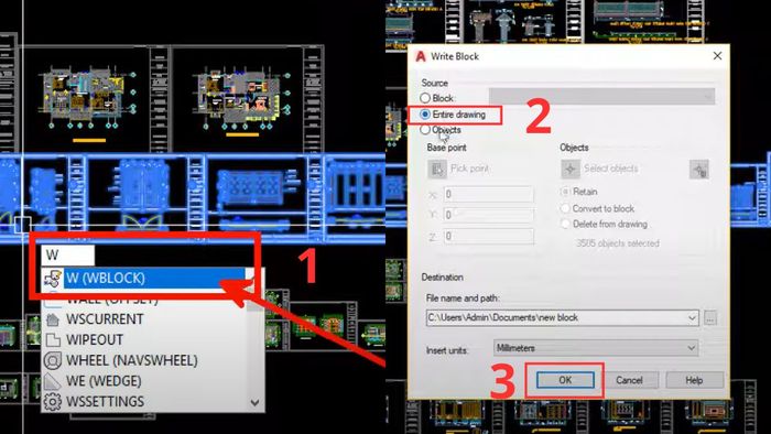 Giảm dung lượng file CAD bằng cách Wblock sang bản vẽ mới.