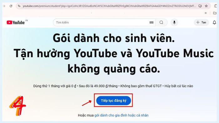 Hướng dẫn đăng ký YouTube Premium cho sinh viên - bước 4