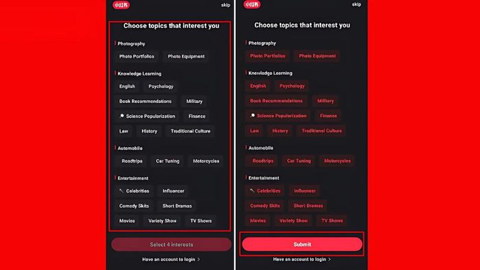 Hướng dẫn cách tải và đăng ký tài khoản trên RedNote, bước 4 là chọn chủ đề quan tâm.