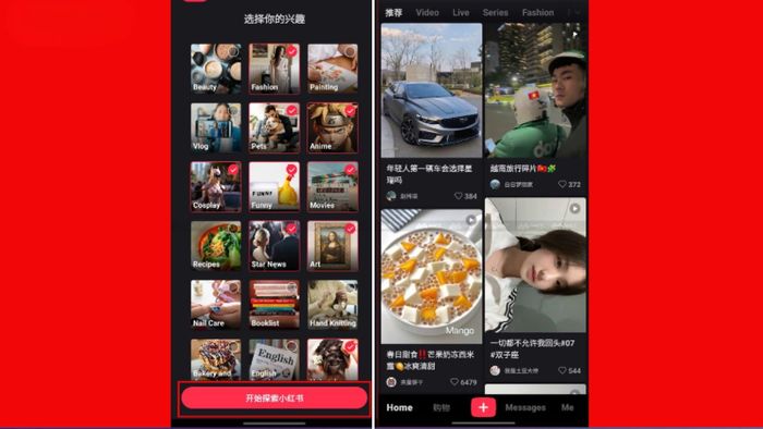 Hướng dẫn cách tải và đăng ký tài khoản trên RedNote, tiếp tục với bước 6 là lựa chọn thể loại bài viết yêu thích.