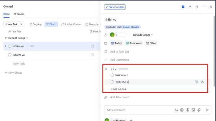 Tính năng đặc biệt của Lark Task - thêm nhiệm vụ con