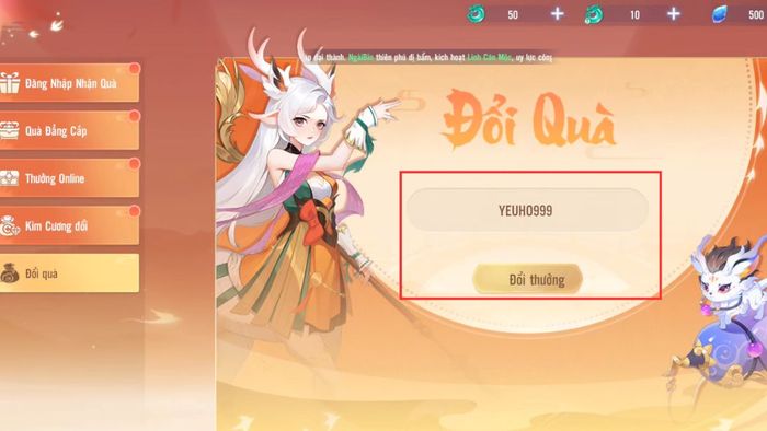 cách sử dụng code Yêu Hồ 9D nhận quà - bước 3