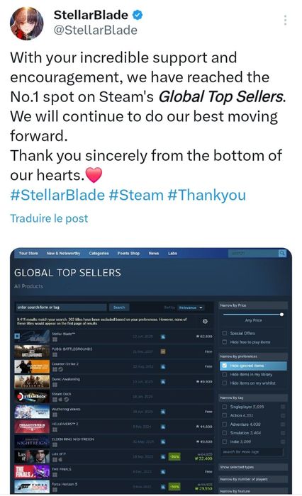Vị trí số 1 của Stellar Blade trên Steam phản ánh xu hướng game được yêu thích