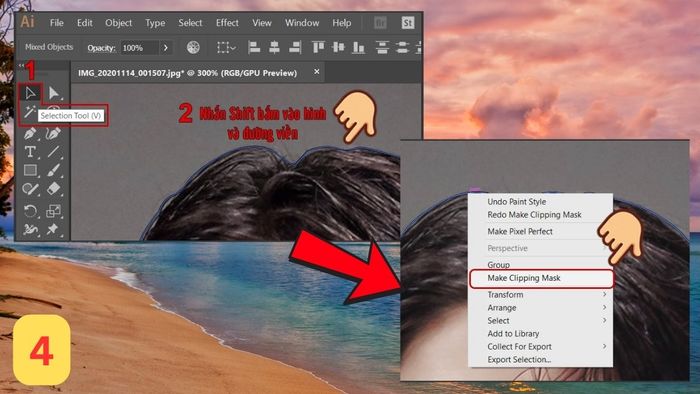 Bước 4 xóa nền bằng Pen Tool và Clipping Mask trong AI