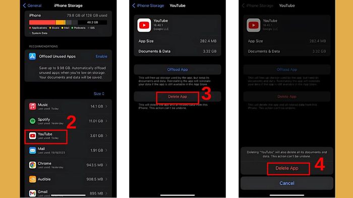 Hướng dẫn giải phóng dung lượng YouTube trên iPhone - các bước 2, 3 và 4