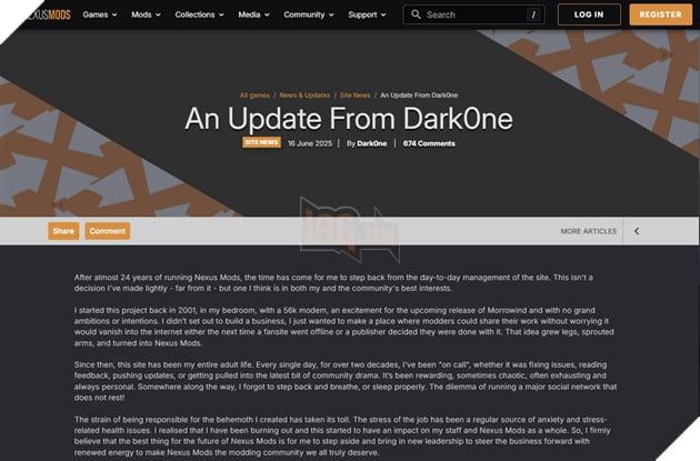 Dark0ne chính thức tuyên bố rời khỏi vị trí điều hành Nexus Mods