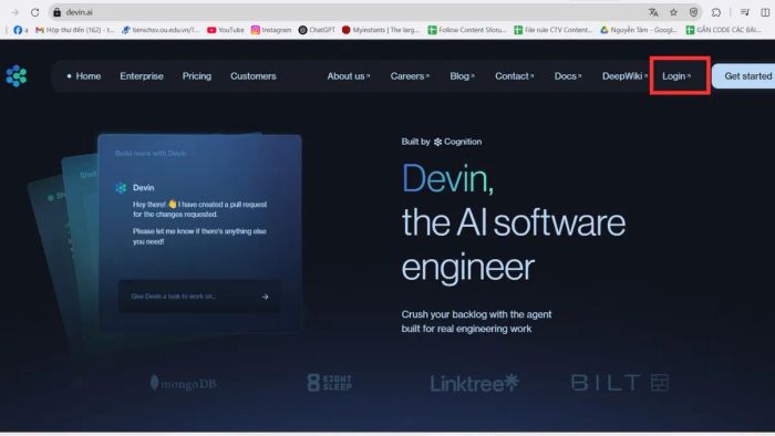 Thao tác đầu tiên khi đăng ký tài khoản Devin AI