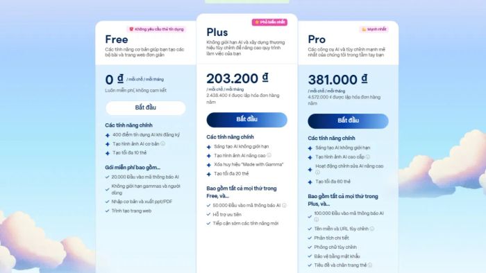 Chi tiết các gói dịch vụ trong bảng giá Gamma
