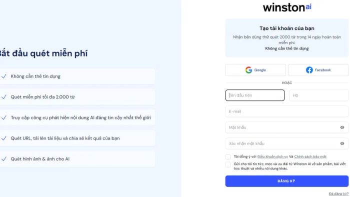 Hướng dẫn đăng ký Winston AI - Bước thứ hai