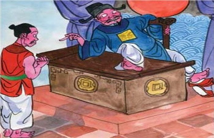 Tranh minh họa 1: Cảnh xử án đầy kịch tính với thầy lí và Cải