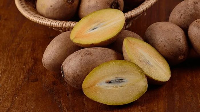 Hình ảnh những quả hồng xiêm Mặc Bắc chín vàng, vỏ căng bóng đặc trưng của vùng đất Tiền Giang