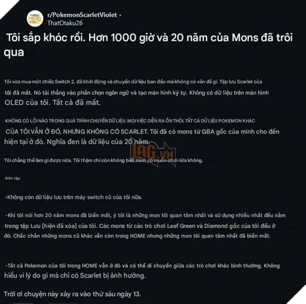 Game thủ nam mất sạch bộ sưu tập Pokemon sau 20 năm chơi game do lỗi hệ thống khi chuyển sang Switch 2