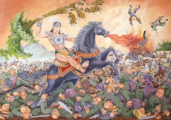 Tranh minh họa: Thánh Gióng oai phong trên chiến trường (Nguồn: Sưu tầm)