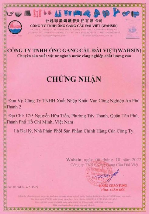 Chứng chỉ đại lý ủy quyền phân phối vật tư ngành nước chính hãng