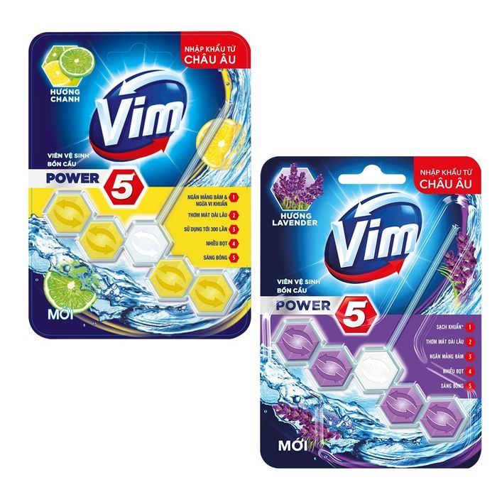 Hình ảnh minh họa viên treo bồn cầu Vim - Thiết kế trong suốt sang trọng với viên gel màu tím biếc, dễ dàng quan sát mức độ sử dụng.