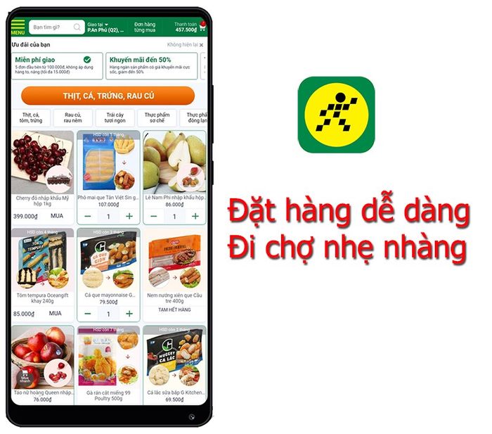 Giao diện mua sắm trên ứng dụng Bách Hoá Xanh