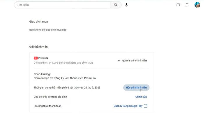 Hướng dẫn từng bước hủy gói YouTube Premium trả phí qua trình duyệt web - phần 3