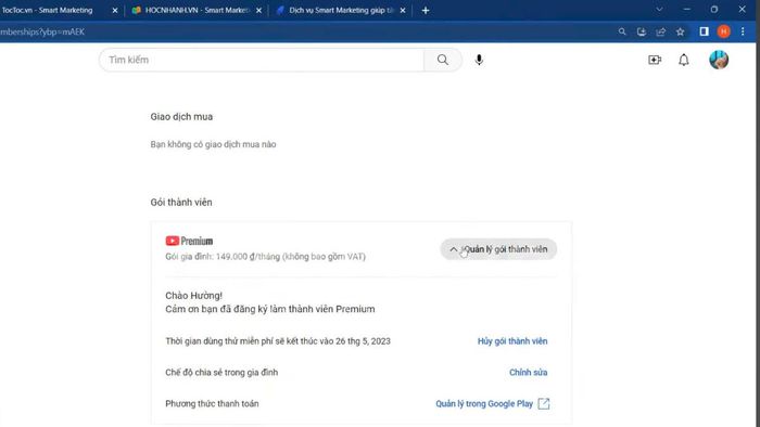 Hướng dẫn chi tiết hủy YouTube Premium trả phí bằng trình duyệt web - bước 2