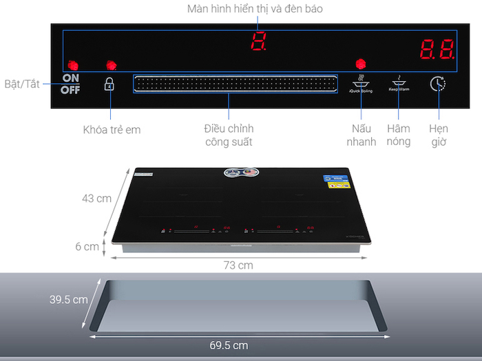 2 vùng nấu với tổng công suất 4000W