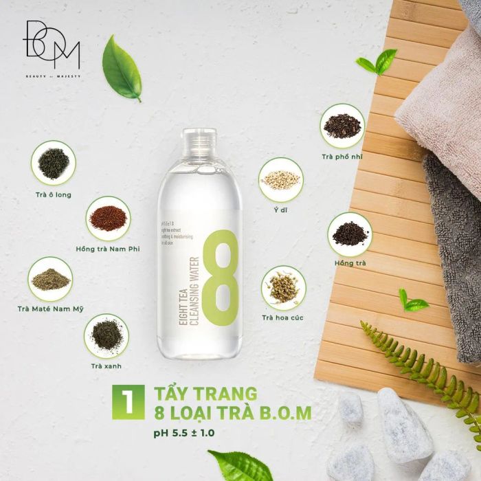 Trải nghiệm cảm giác thanh khiết với Bom Eight Tea Cleansing Water - giải pháp tẩy trang dịu nhẹ nhưng mạnh mẽ, nuôi dưỡng làn da từ sâu bên trong.
