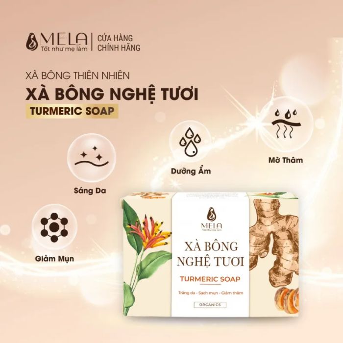 Hình ảnh xà bông nghệ Mela - Thiết kế đơn giản mà tinh tế với sắc vàng nghệ đặc trưng