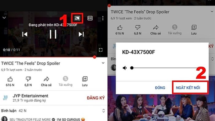 Hướng dẫn thao tác hủy kết nối điện thoại - TV qua YouTube bước 2 và 3