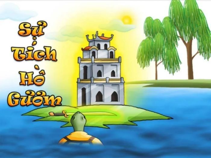 Tranh minh họa số 1: Cảnh Lê Lợi nhận gươm thần