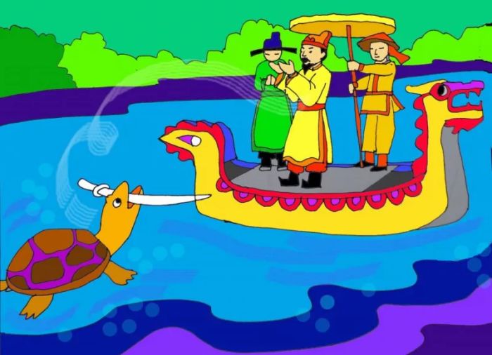 Tranh minh họa: Cảnh Lê Lợi và Rùa Thần trên hồ Gươm