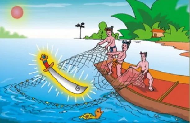 Tranh minh họa số 2: Cảnh rùa vàng đòi gươm