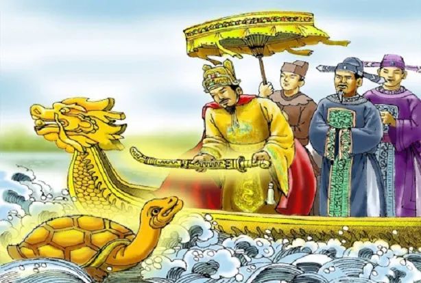 Tranh minh họa: Khoảnh khắc Lê Thận phát hiện gươm thần