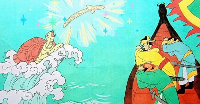 Tranh minh họa số 1: Cảnh Lê Lợi nhận gươm thần