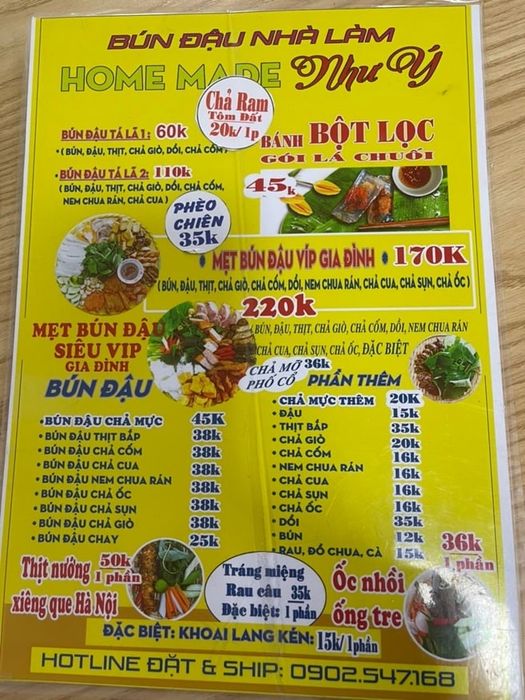 Bún đậu mắm tôm Homemade Như Ý - điểm đến lý tưởng cho tín đồ ẩm thực yêu thích hương vị truyền thống miền Bắc.