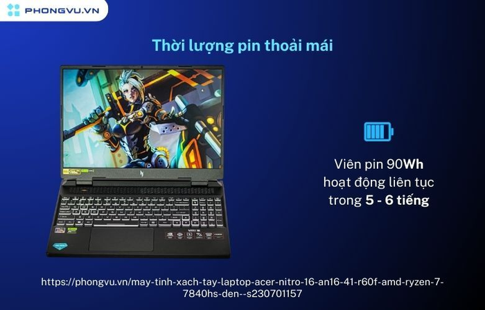 Acer Nitro 16 AN16-41-R60 thời lượng pin thoải mái