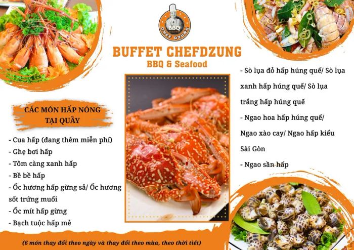 Thực đơn đa dạng với đầy đủ các loại hải sản tươi ngon