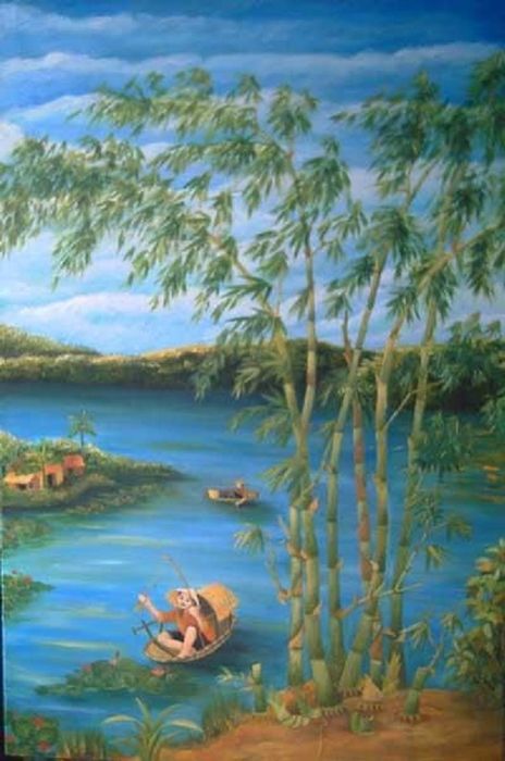 Ảnh minh hoạ về mùa thu quê hương, với sắc vàng của lá và màu xanh của ao nước, là hình ảnh quen thuộc trong những bài thơ của Nguyễn Khuyến.