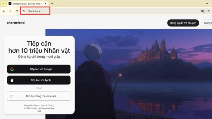 Thao tác đầu tiên khi đăng ký tài khoản Character AI
