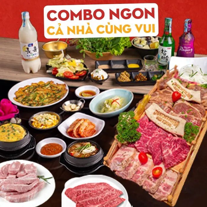 MeatKing - Nhà Hàng Thịt Nướng Hàn Quốc ảnh 2 - Khung hình sống động về bàn tiệc buffet với hơn 30 món ăn kèm đặc sắc, từ canh sườn bò nhân sâm đến kim chi truyền thống.