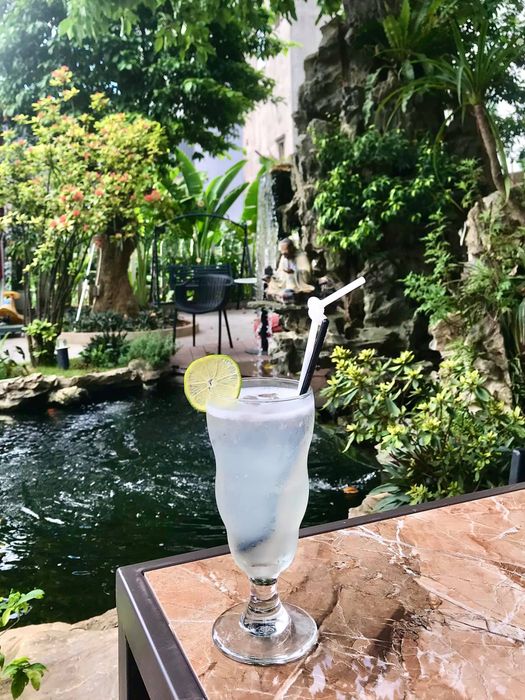 Góc nhìn toàn cảnh KOI Garden Coffee với hồ cá Koi rộng lớn