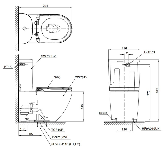 Bồn cầu 2 khối nắp rửa điện tử C2 TOTO CS761DW8