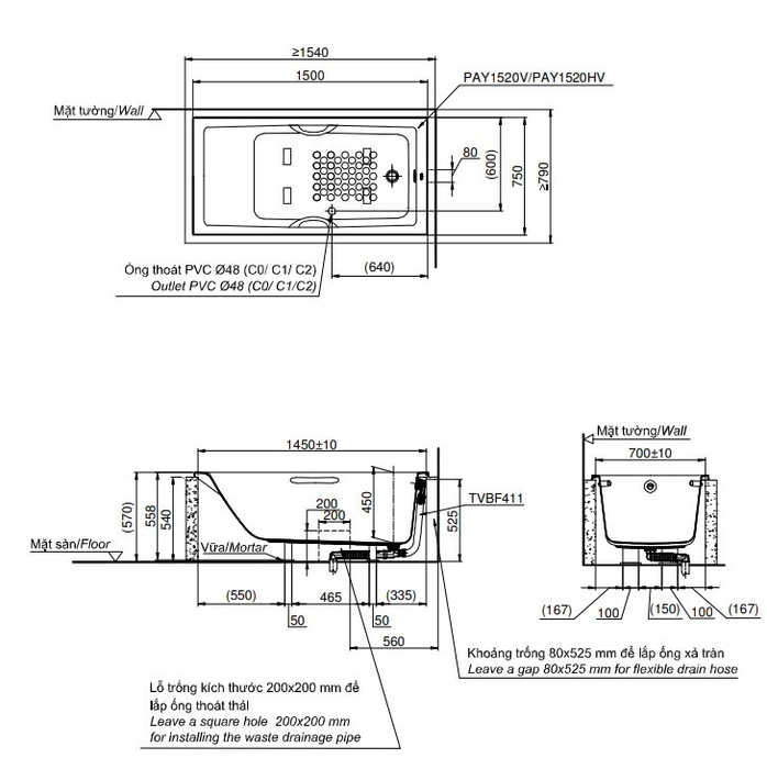 Bản Vẽ Kỹ Thuật Bồn Tắm TOTO PAY1520HV#W