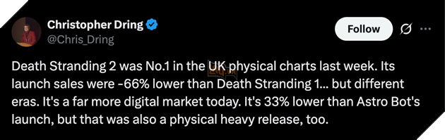 Dù đạt được vị trí cao trên bảng xếp hạng, Death Stranding 2 vẫn không thể vượt qua thành tích doanh số của phiên bản tiền nhiệm.