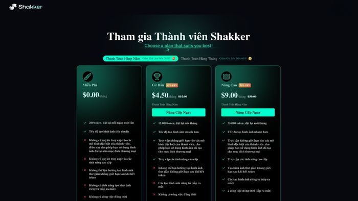 Shakker AI công bố bảng giá mới nhất