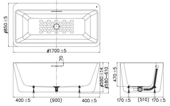 Bản vẽ kỹ thuật bồn tắm American Standard BTAS6719.4H đặt sàn