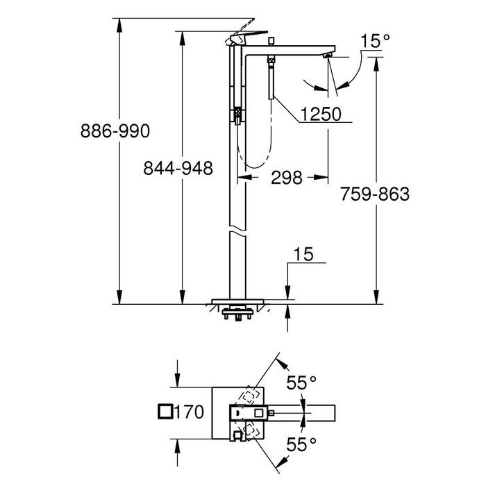 Bản vẽ kỹ thuật vòi bồn tắm đặt sàn Eurocube Grohe 23672001