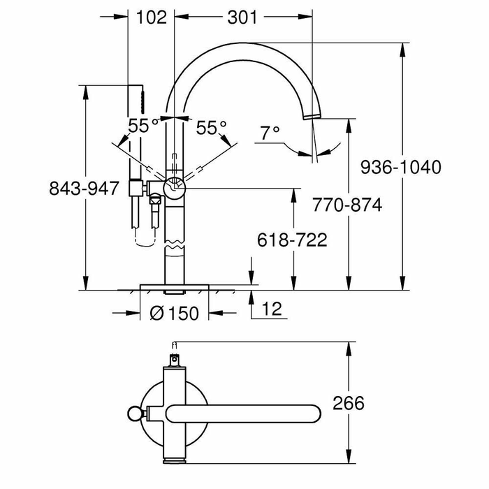 Bản vẽ kỹ thuật vòi bồn tắm đặt sàn Grohe 32653003