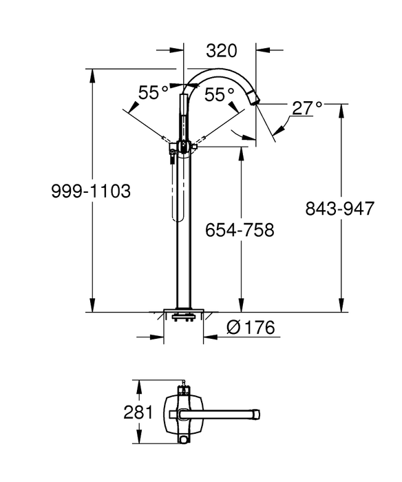 Bản vẽ kỹ thuật vòi xả bồn tắm đặt sàn Grandera GROHE 23318IG0